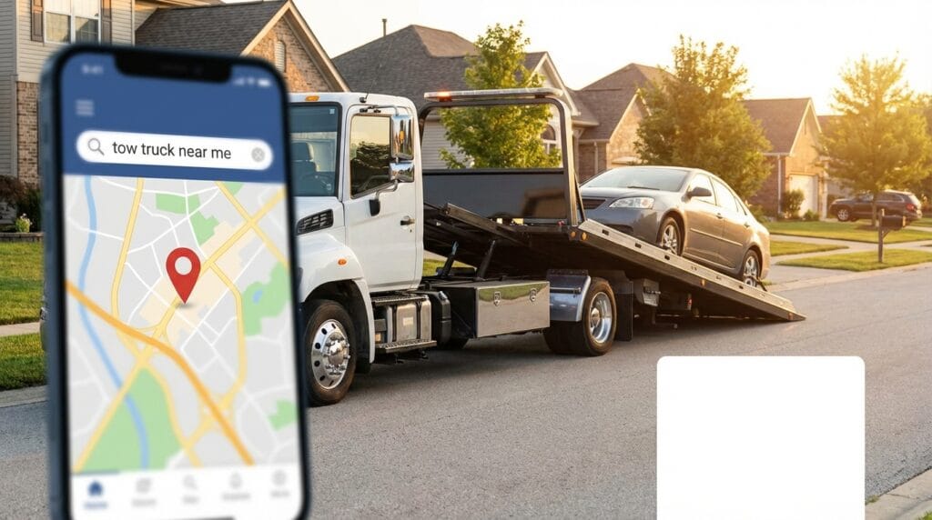 Professional flatbed tow truck near me loading a stranded car