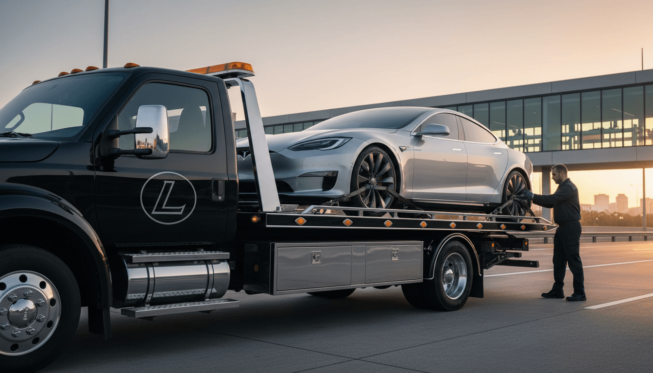 Expert luxury car towing: a specialized flatbed loading a high-end sports car.