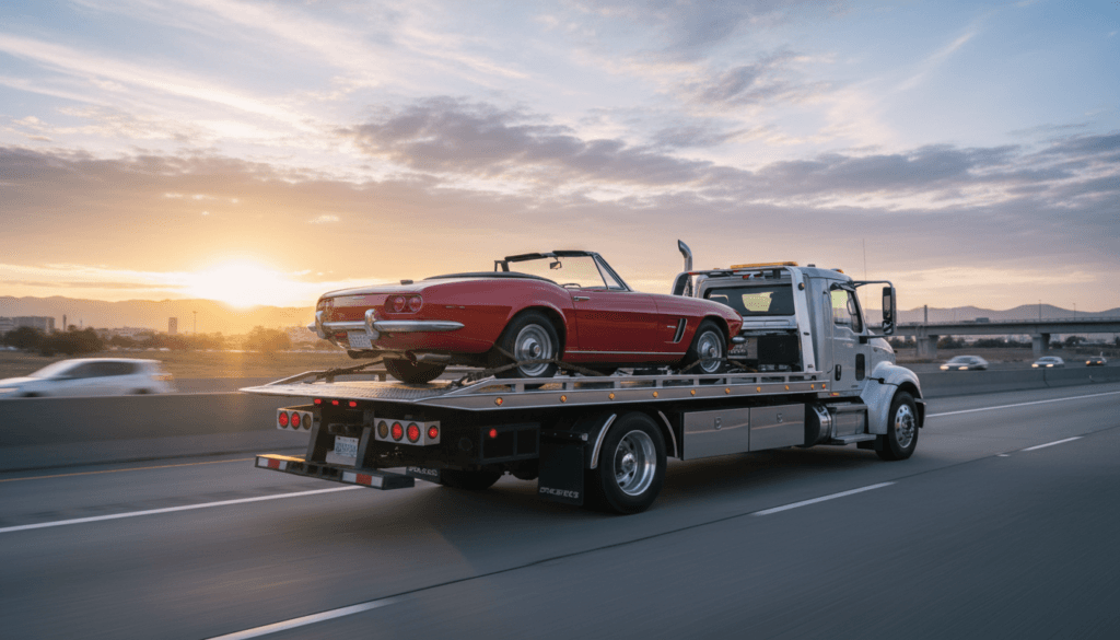 Flatbed towing a disabled vehicle, showing secure transport.