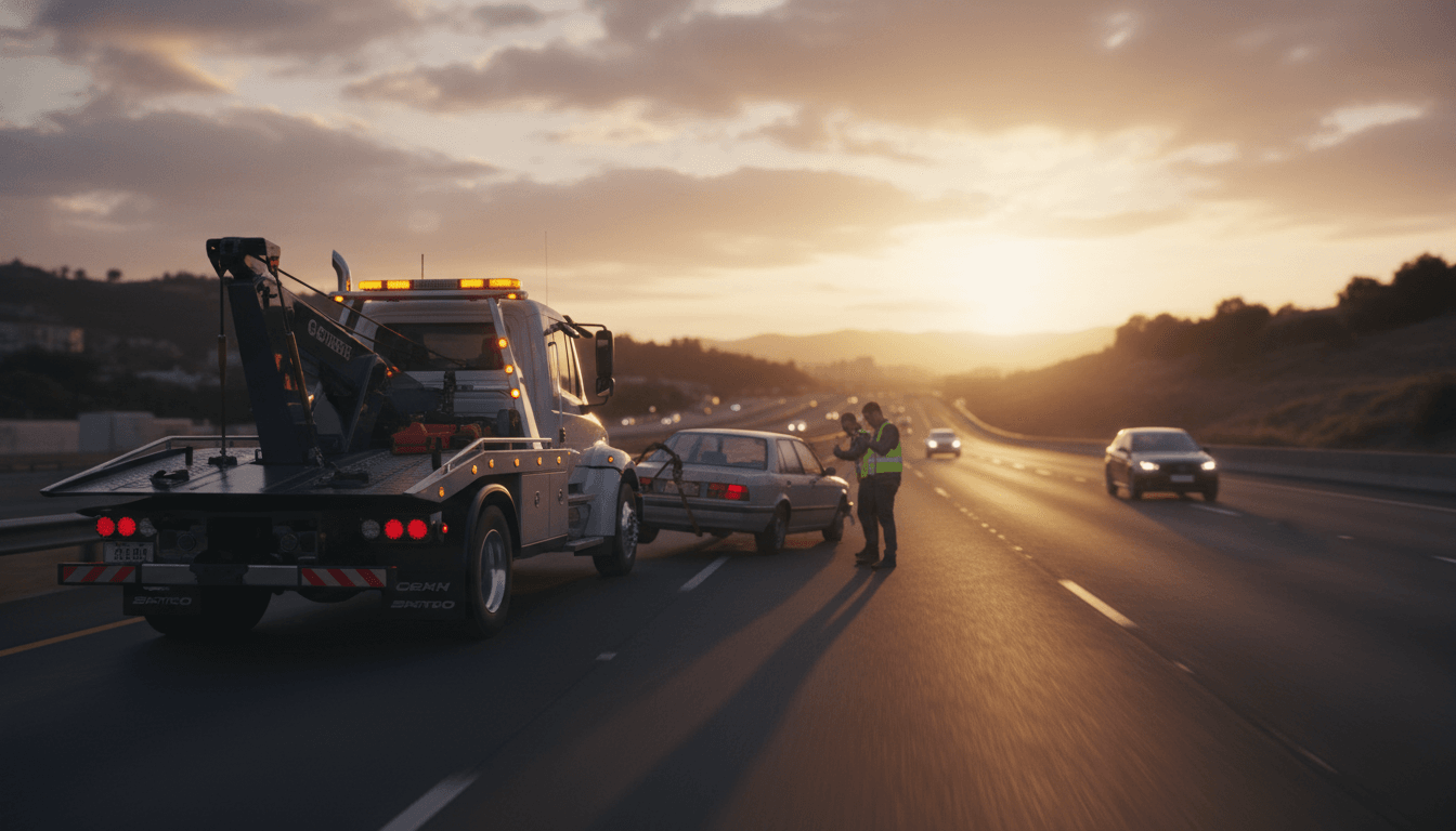 Tow truck hooks up disabled car on highway, providing roadside assistance.