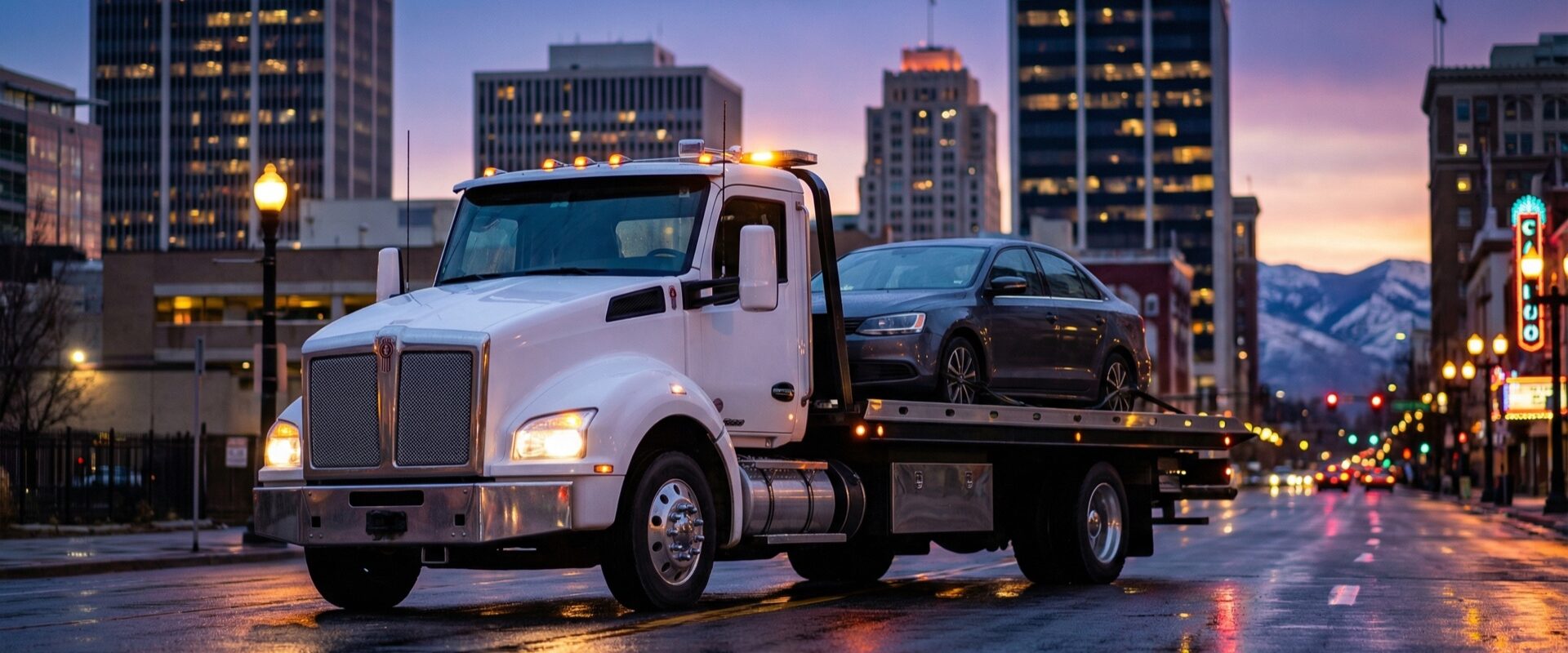 Salt Lake City Towing truck on the road at night