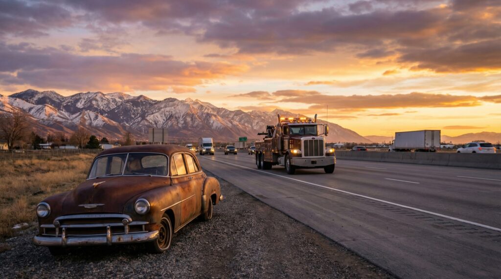 Abandoned car on shoulder of I-15 in Salt Lake City with tow truck approaching and Wasatch Mountains in background
